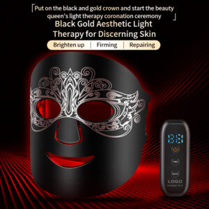 Elegant black and gold aesthetic LED mask design.