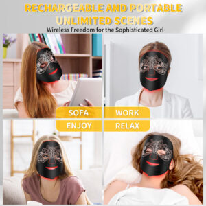 Portable LED mask used in various lifestyle scenes.