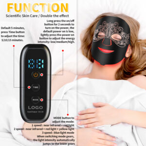 Handheld remote showing timer and intensity buttons.